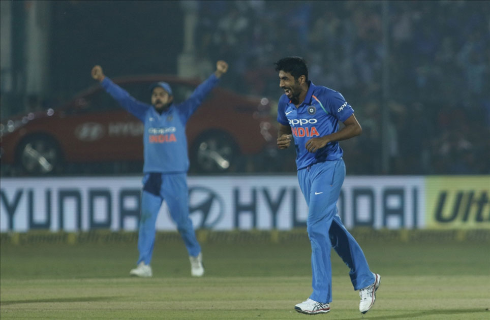 Jasprit Bumrah of India celebrates fall of Ross Taylor`s wicket during the third ODI match between India and New Zealand at Green Park Stadium in Kanpur. Jasprit Bumrah of India celebrates fall of Ross Taylor`s wicket during the third ODI match between India and New Zealand at Green Park Stadium in Kanpur.