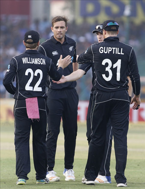 Tim Southee of New Zealand celebrates fall of Virat Kohli`s wicket during the third ODI match between India and New Zealand at Green Park Stadium in Kanpur. Tim Southee of New Zealand celebrates fall of Virat Kohli`s wicket during the third ODI match between India and New Zealand at Green Park Stadium in Kanpur.