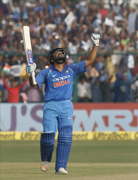 Rohit Sharma of India celebrates his century during the third ODI match between India and New Zealand at Green Park Stadium in Kanpur. Rohit Sharma of India celebrates his century during the third ODI match between India and New Zealand at Green Park Stadium in Kanpur.
