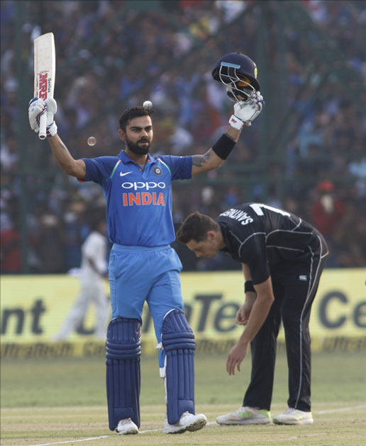 Virat Kohli of India celebrates his century during the third ODI match between India and New Zealand at Green Park Stadium in Kanpur. Virat Kohli of India celebrates his century during the third ODI match between India and New Zealand at Green Park Stadium in Kanpur.