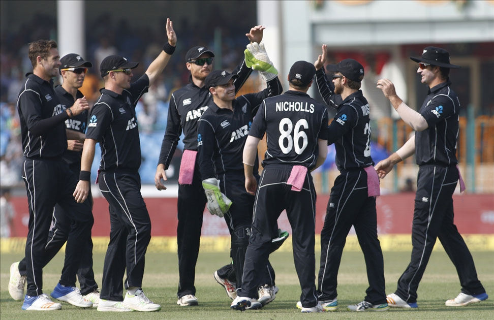 Tim Southee of New Zealand celebrates fall of Shikhar Dhawan`s wicket during the third ODI match between India and New Zealand at Green Park Stadium in Kanpur. Tim Southee of New Zealand celebrates fall of Shikhar Dhawan`s wicket during the third ODI match between India and New Zealand at Green Park Stadium in Kanpur.