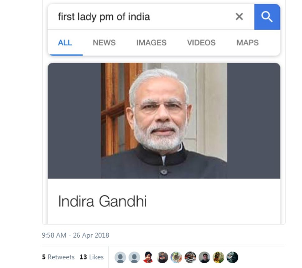 Google show Pm Modi photo on typing First lady PM