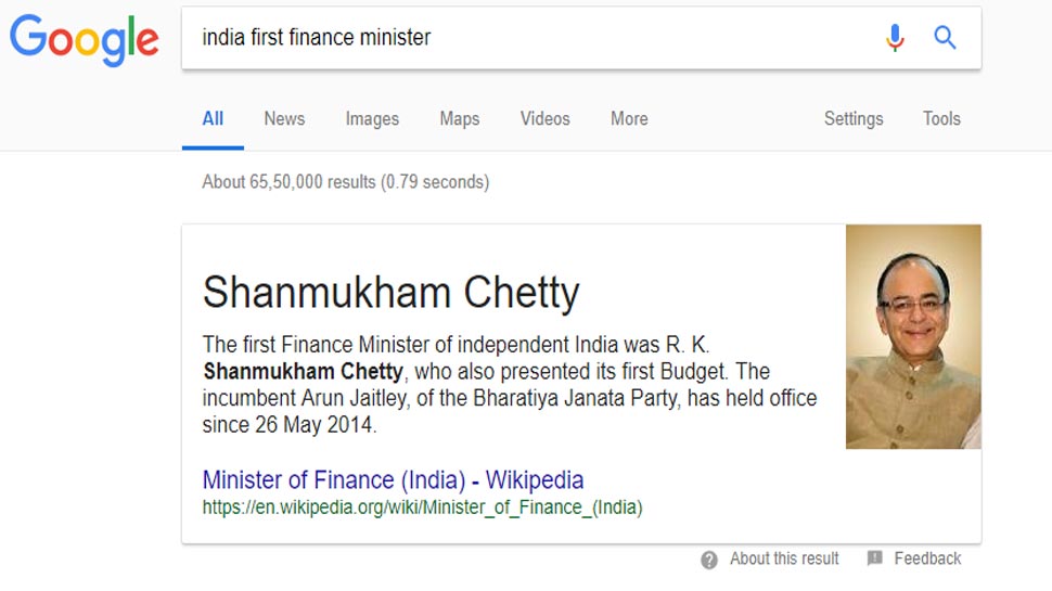 Google show Arun Jaitley Photo on typing First Finance Minister