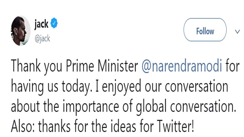 Twitter CEO Jack Dorsey meets PM Narendra Modi 