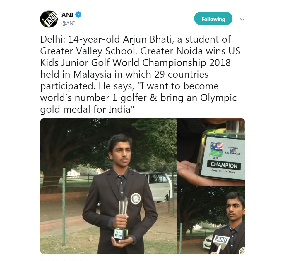 Arjun Bhati wins US Kids World Golf championship