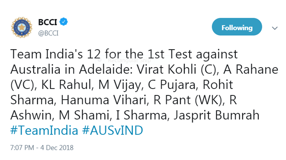 Team India Announced for Adelaide