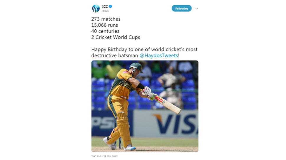 ICC Tweet on Hayden birthday in 2017