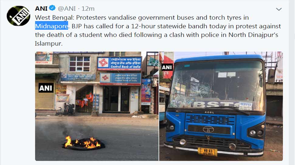 Protesters vandalise government buses and torch tyres in Midnapore in West Bengal