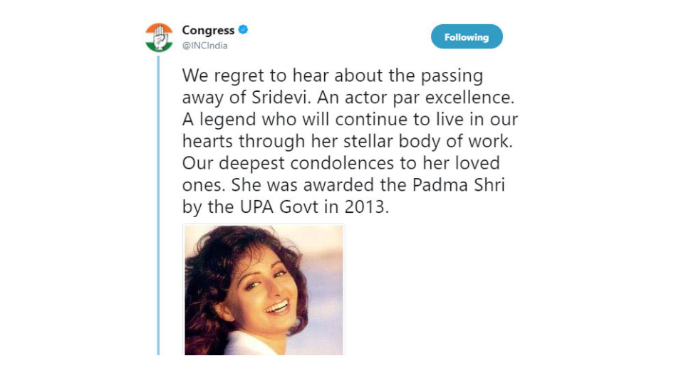 Sridevi death, congress sridevi tweet