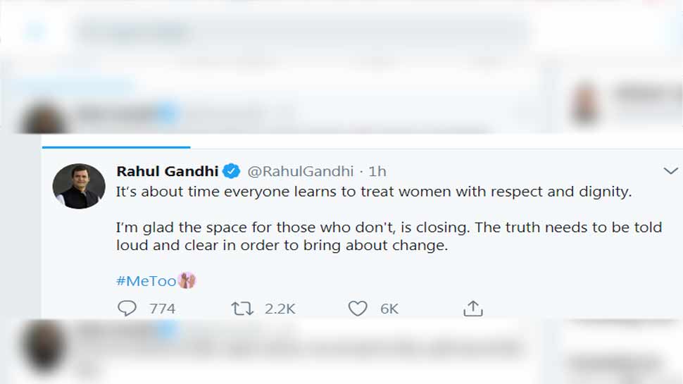 Congress President Rahul Gandhi tweeted on #MeToo campaign