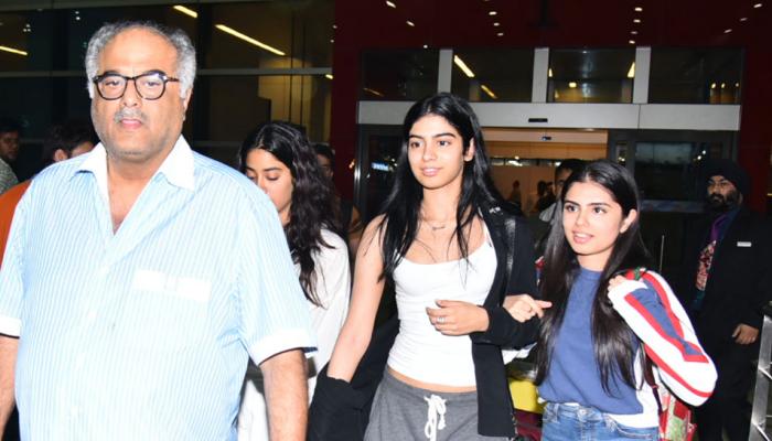 boney kapoor with daughter jhanvi and khushi spotted on delhi airport, will receive sridevi's national award boney kapoor with daughter jhanvi and khushi spotted on delhi airport, will receive sridevi's national award
