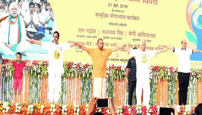 Yogi Adityanath wears Bhagwa T-shirt on International Yoga Day in Lucknow Yogi Adityanath wears Bhagwa T-shirt on International Yoga Day in Lucknow