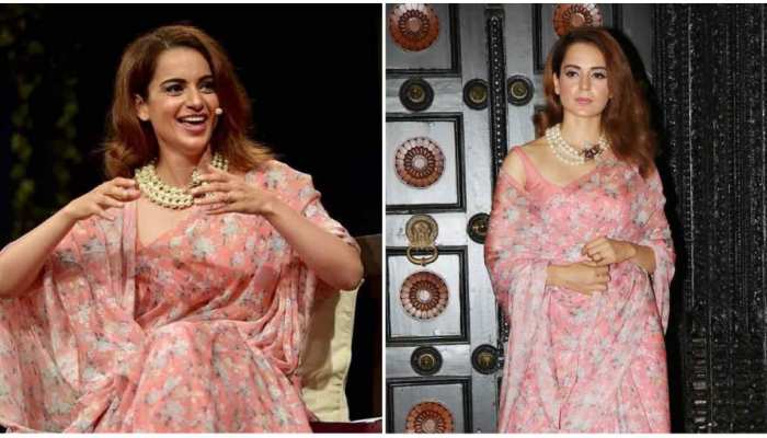kangana ranaut wore a pink floral saree with gucci necklace worth rupee lakhs Bollywood kangana ranaut wore a pink floral saree with gucci necklace worth rupee lakhs Bollywood